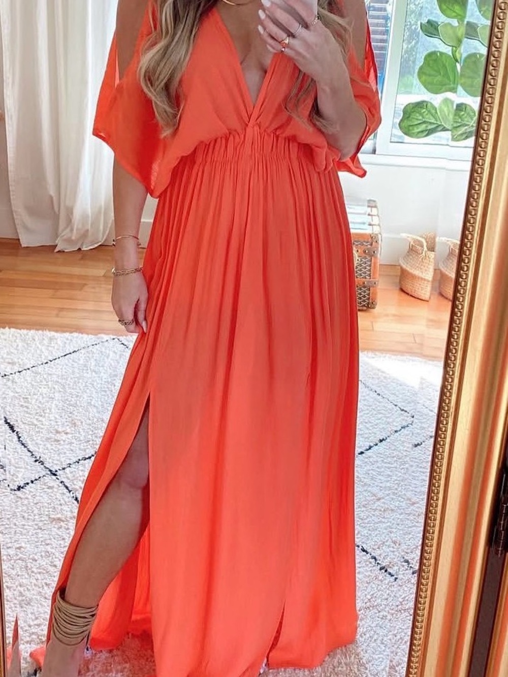 Vici Orange Cold-Shoulder Deep V Maxi Dress